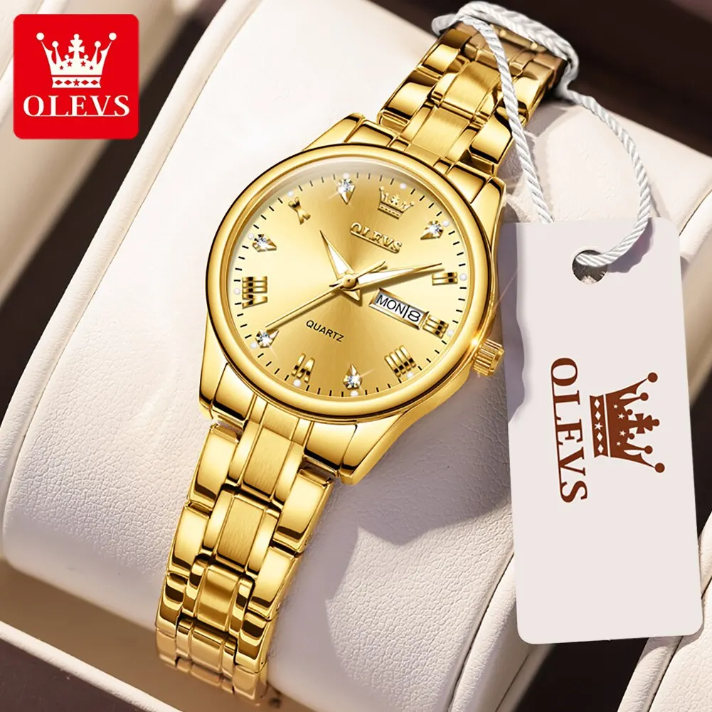 Olevs frauen armbanduhr original uhren für damen wasserdicht edelstahl luxus quarz frau armbanduhr gold reloj hombre Image