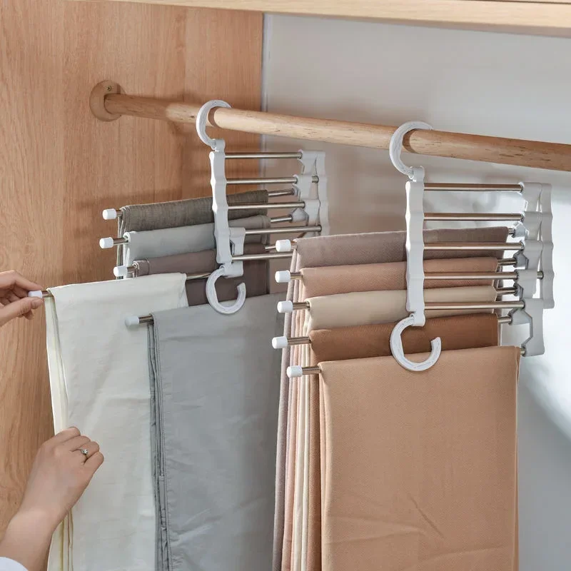 5-in-1 magische Hosenständer-Kleiderbügel aus Edelstahl, zusammenklappbar, Hosenständer, Krawatten-Aufhänger, Regale, Schlafzimmer, Schrank-Organizer, Kleiderschrank-Aufbewahrung