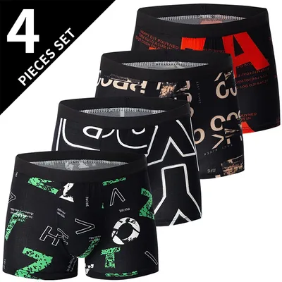4-teilige Herren-Unterwäsche mit modischem Aufdruck, atmungsaktive Schritt-Boxershorts für Teenager, bequeme Unterwäsche in Übergröße bis zu 6XL. Image