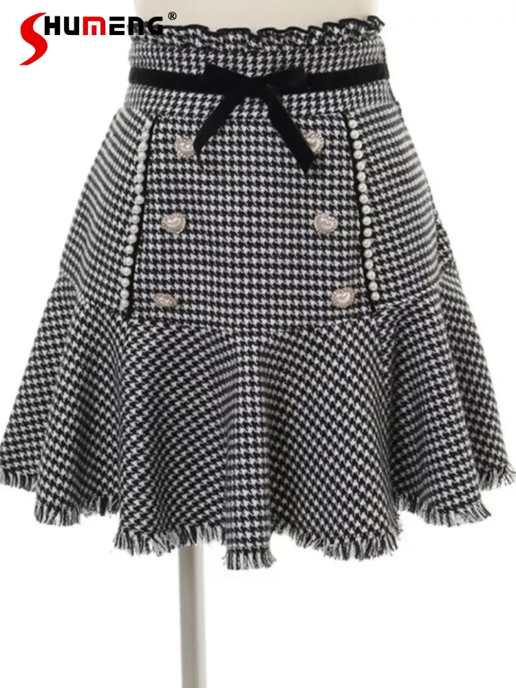 Süße weibliche Student Hahnentritt-Schleife Samt kurzer Rock 2023, Herbst und Winter, elegante hohe Taille, schlanke Fischschwanzröcke für Frauen Image