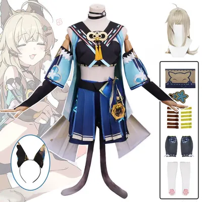 Genshin Impact Kirara Cosplay Kostüm Perücke Uniform Outfit Kopf bedeckung Schwanz Katze Ohren Image