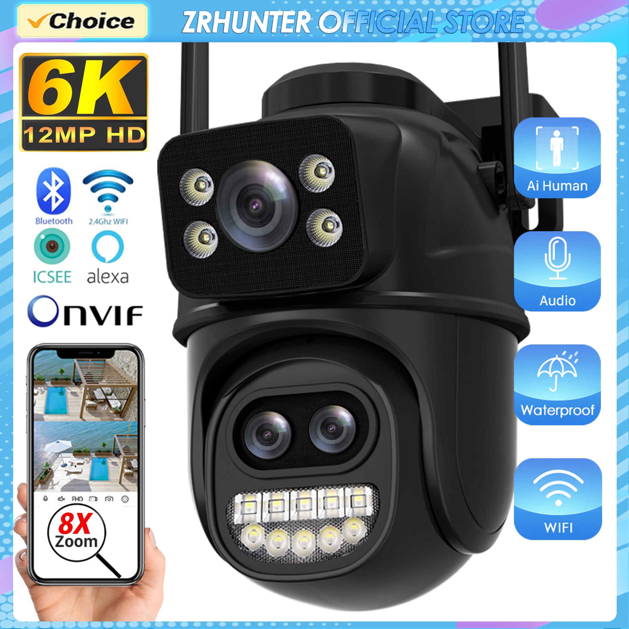 IP-Kamera 12mp 6k Wifi Outdoor-Kamera 8x Zoom drei Objektive Dual-Screen-Auto-Tracking Home Security CCTV-Überwachungs kamera ICsee Image