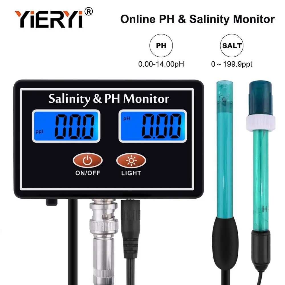 Yieryi Online PH & Salzgehalt Monitor 2 in 1 Aquarium Wasser Qualität Meter Meerwasser Salz Tester für Pool Spa Fisch teich Aquakultur Image