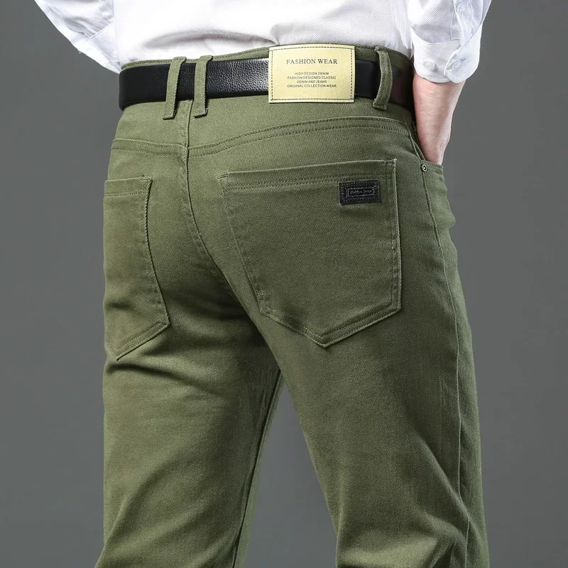 Große Größe 42 44 Herbst 98 % Baumwolle Herren Stretch Slim Jeans ArmyGreen Weiche Bequeme Lässige Gerade Denim Hosen Hosen Image