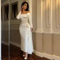 Elegante Abendkleider für Damen, Party, weißes Ballkleid, Saudi-Arabien, Satin, Perlenstickerei, A-Linie, schulterfrei, maßgeschneidert