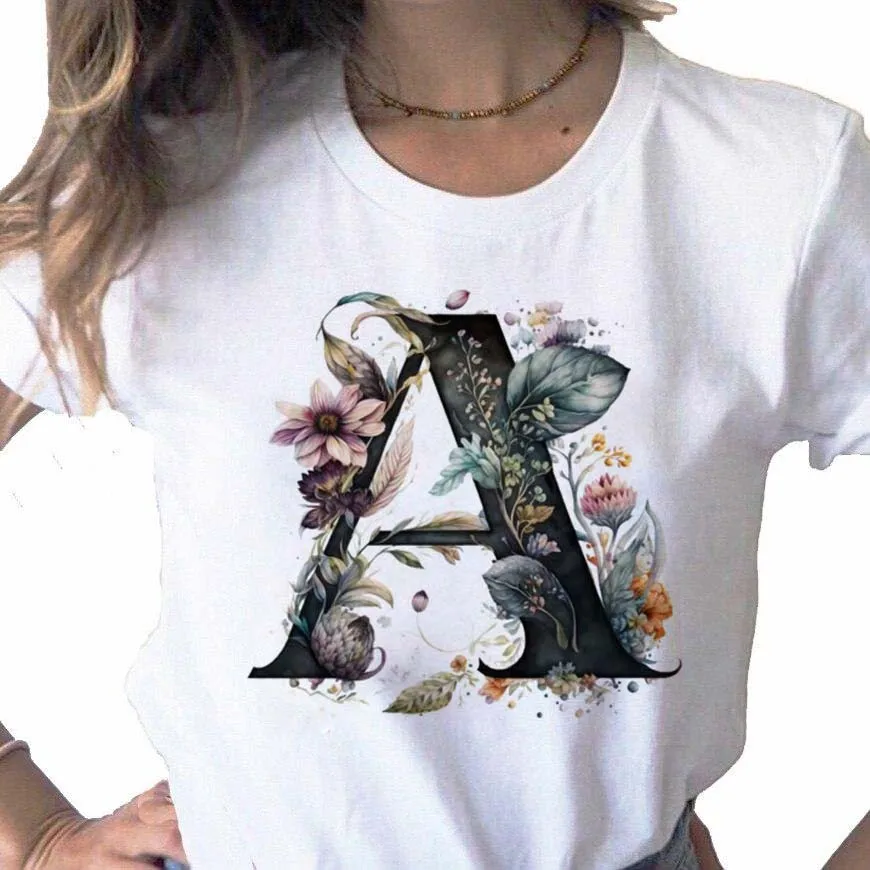 Neue Frauen T-Shirt benutzer definierte Name Buchstaben Kombination Druck T-Shirt Blume Brief Schrift a b c d e f g Kurzarm weibliche T-Shirts Tops