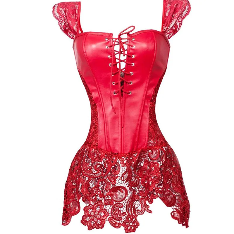 Sexy Frauen Gothic Korsett Bustier Kleid Kunstleder Spitze Riemen Taille Cincher Steampunk Shaper Unterwäsche Dessous Rot Plus Größe