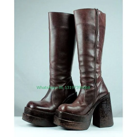 Damen-Plateaustiefel im Vintage-Stil, braune Farbe, Punk-Cowboy-Kleid, Stiefel, Knieschuhe, täglicher PU-Wildlederstiefel mit klobigem Absatz, Größe