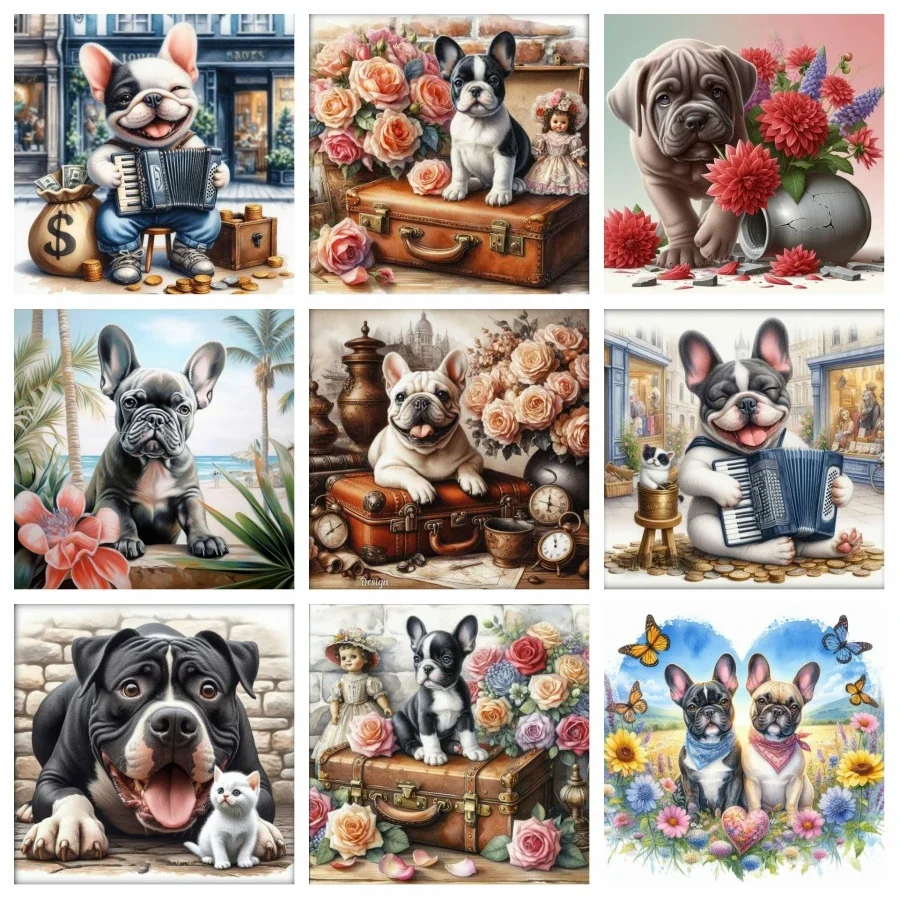 Französische Bulldogge, Welpe, Tier, 5D-Diamantgemälde, Kunst, süßer Hund mit Blumen, Kreuzstich, Mosaik, DIY, Handwerk, Heimdekoration, Geschenk Image