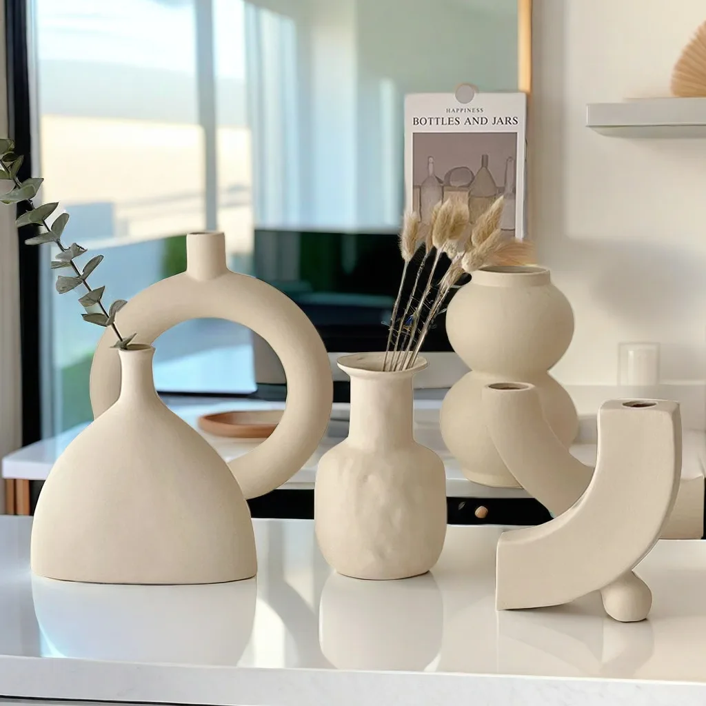 Nordic Polygon Rund Keramik Vase Hause Wohnzimmer TV Schrank Desktop Homestay Kunst Dekorationen Trockenen Blumen Arrangements Vase Image