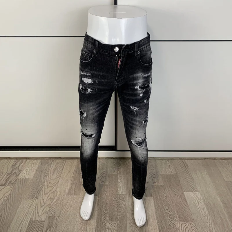 Street Fashion Männer Jeans Retro schwarz grau elastisch Stretch Slim Fit Loch zerrissene Jeans Männer gepatchte Designer Hip Hop Marke Hosen
