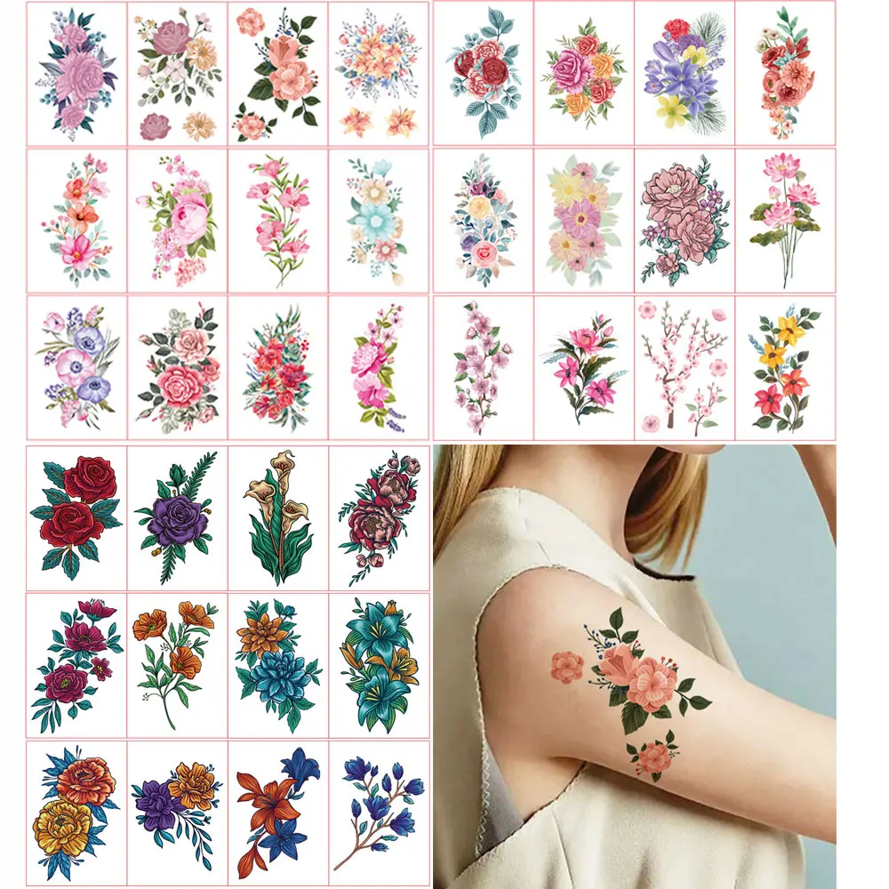 12Pcs Farbe Blume Tattoo Aufkleber für Frauen Hand Arm Brust Körper Kunst Wasserdicht Temporäre Tattoos Einweg Floral Fake Tattoo Image