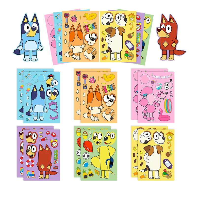 6 teile/satz bluey Anime Cartoon Hund Puzzle Aufkleber niedlichen Kinder DIY Farbe Puzzle Bildung Aufkleber Kinder Spielzeug Geschenke Image