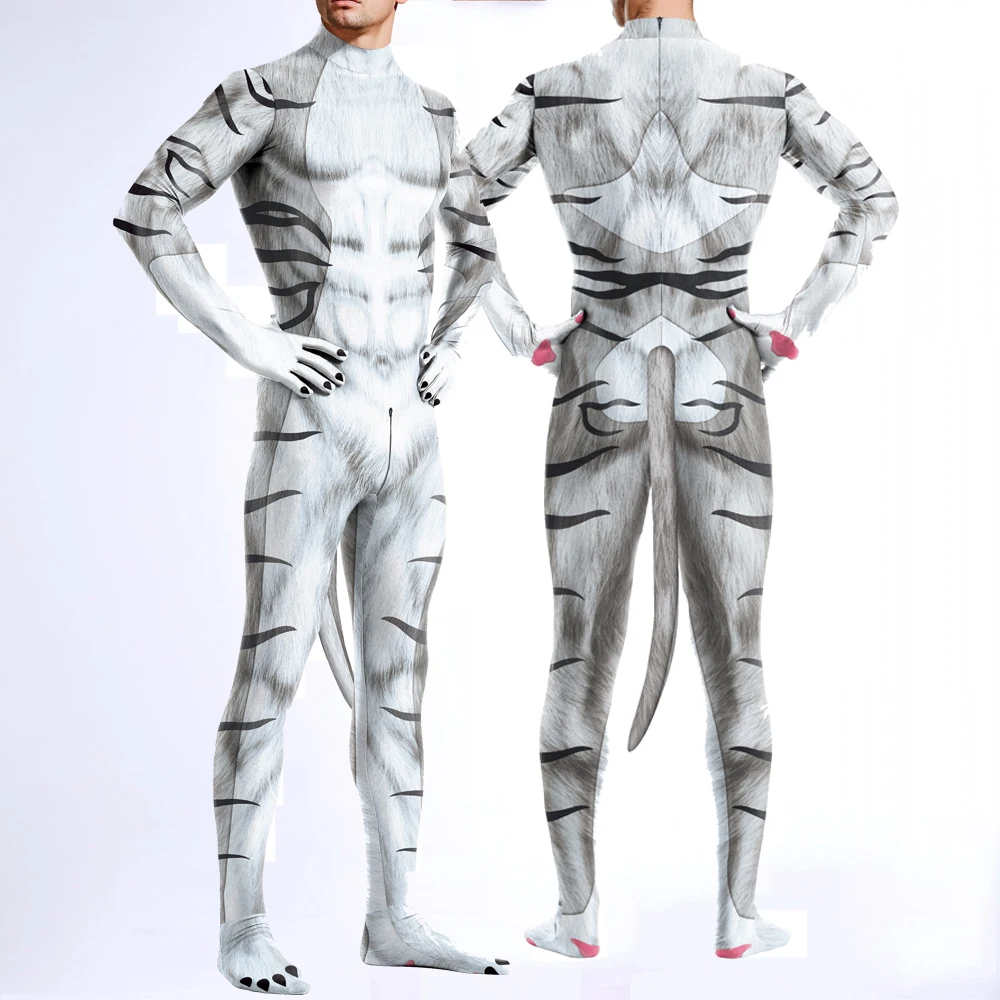 Zaw aland Cosplay Tier weißen Tiger Druck mit Schwanz Männer Kostüm Schritt Reiß verschluss Overall Zentai Bodysuit Halloween Karneval Kleidung Image