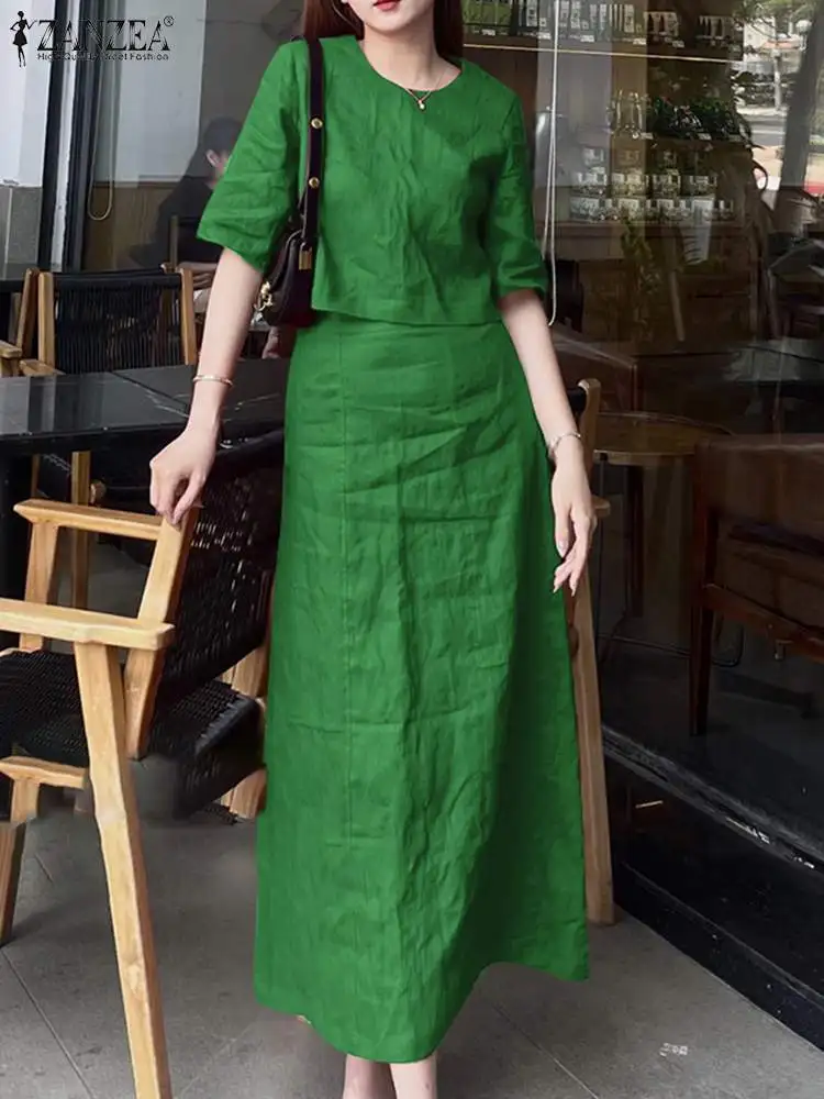 Zanzea Frauen solide 2 Stück Kleid Sets lässig Kurzarm Crop Tops Anzug Mode lange Röcke Outfits Urlaub einfach passende Sets Image