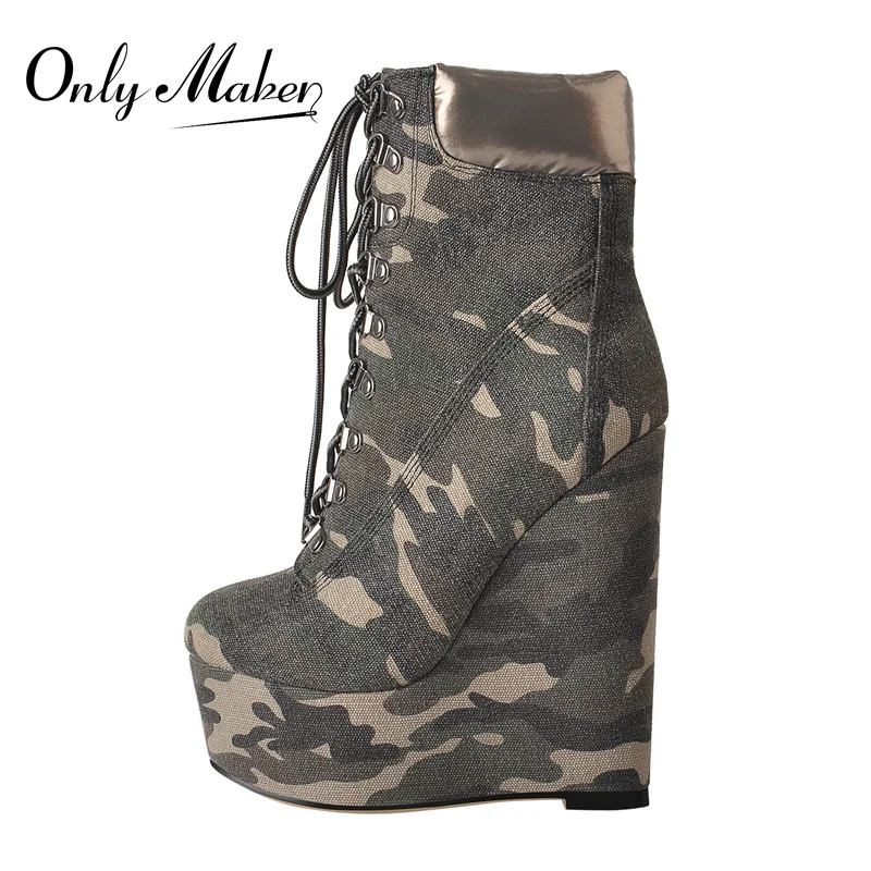 Onlymaker Frauen Lace-Up Wedges Stiefeletten Plattform Schwarz Flock Camouflage Ferse Booties Bequeme Kurze Große Größe Stiefel Image