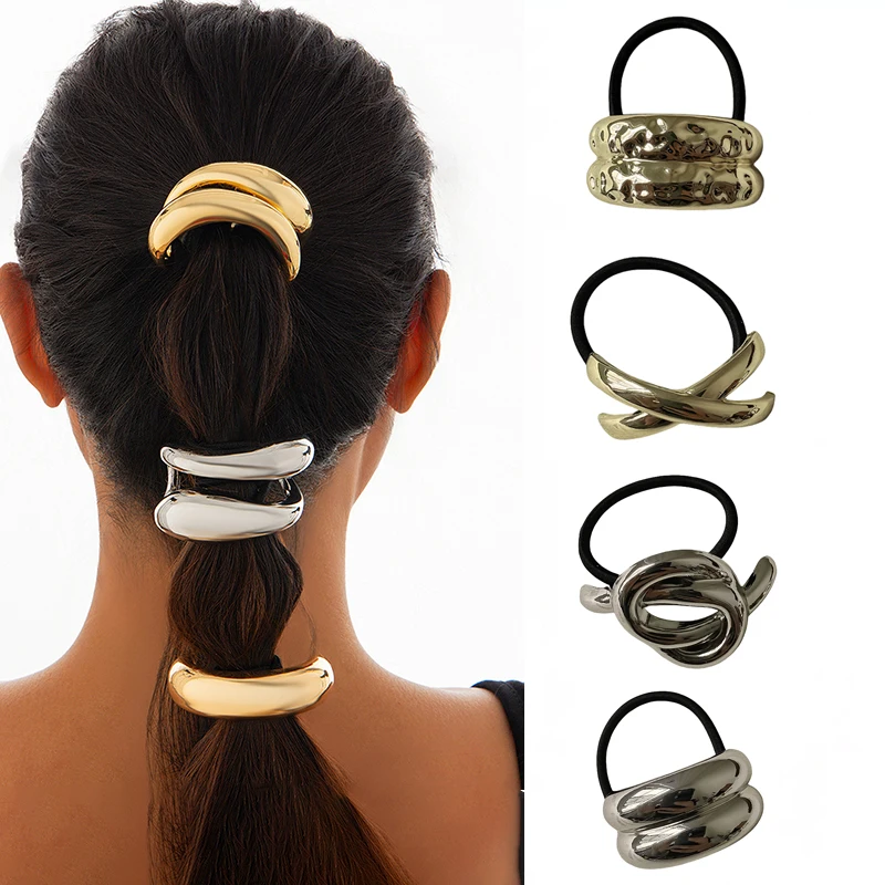 Retro Metall Goldenes Haarseil für Frauen elegante Geometrie elastische handgemachte Haargummi Mode Mädchen Haarband Image