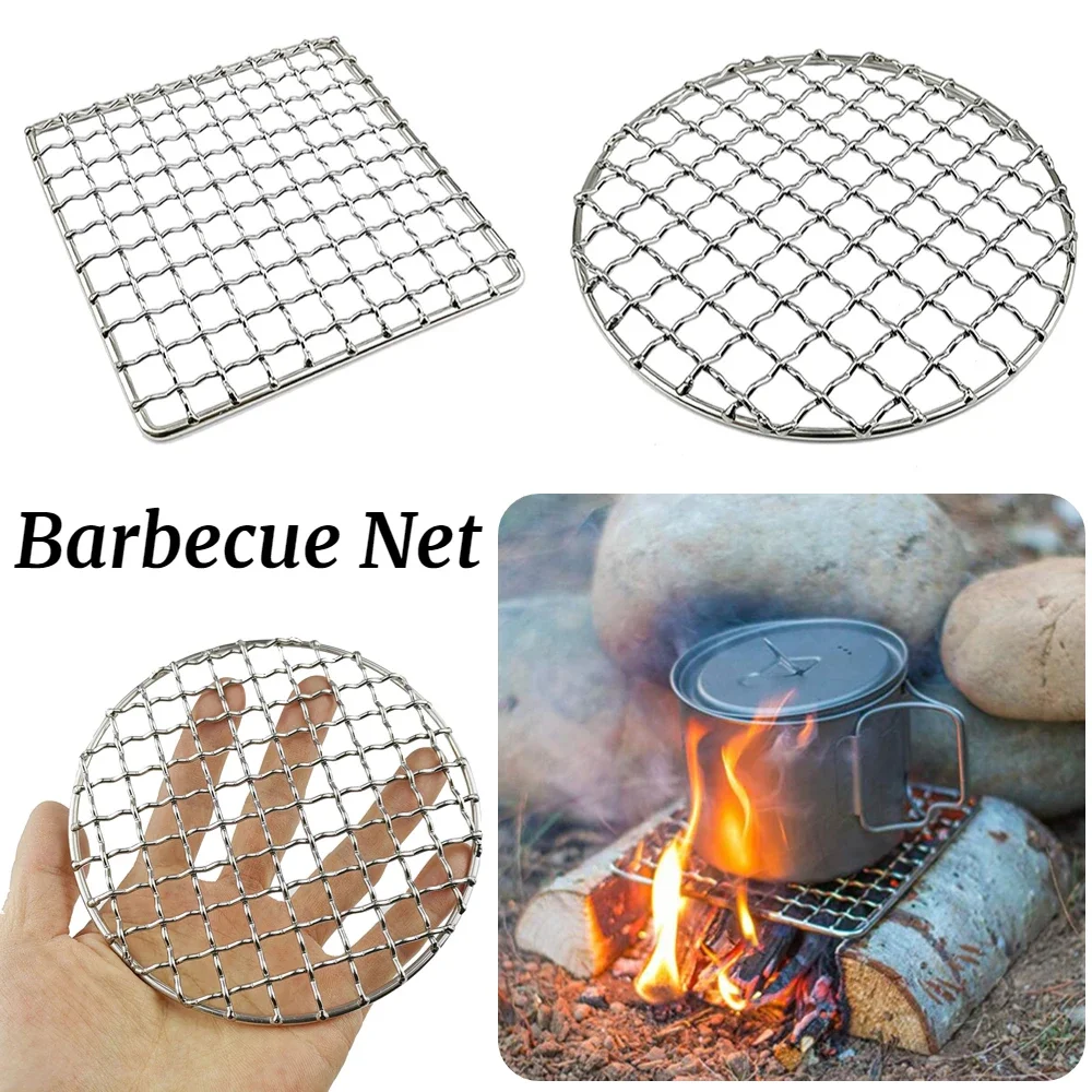 Edelstahl Camping Grill Rost Mesh Pads quadratische runde Grill netz Feuer Kochen Outdoor-Reise Picknick Grill Topf Brennholz Rack Image