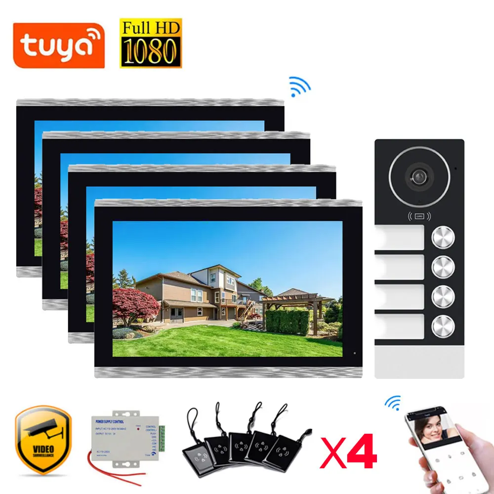 TUYA WiFi Video Türsprechanlage Türklingel Intercom 10 Zoll 1080P Touchscreen Monitor APP/Swipe Karte Entsperren für 2/3/4 Familie Wohnung Image