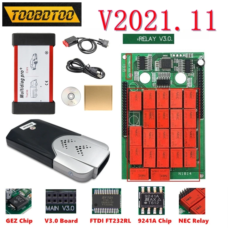 Neue vci 2021,11 bluetooth 4,2 kostenlose keygen 3,0 r3 auto diagnose 2pcb v2.0 9241a 21 rote nec relais doppel pcb tcs Image