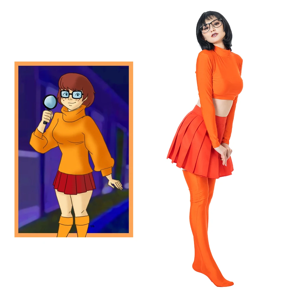 (Auf lager) anime Velma Cosplay Kostüm Film Charakter Damen Mädchen Sexy Orange Uniform Crop Top Mini Rock Über Knie Socken Set