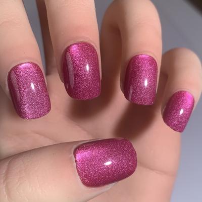 TEMU 24pcs Short Square Press-on Nails, Glossy Dragon Fruit Pink Cat Eye With Fine Glitter Finish, Reusable With 1 Filing Stick & 1 Jelly Glue, Durable & Versatile Shine