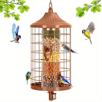 TEMU Bird Feeder Squirrel Proof 3lbs Seed Capacity Bird Feeders With Drop-down Tech For Outdoors Hanging Wild Metal Bird Feeder For Small Birds Rust Resistant Heavy Duty 4 Ports Brown