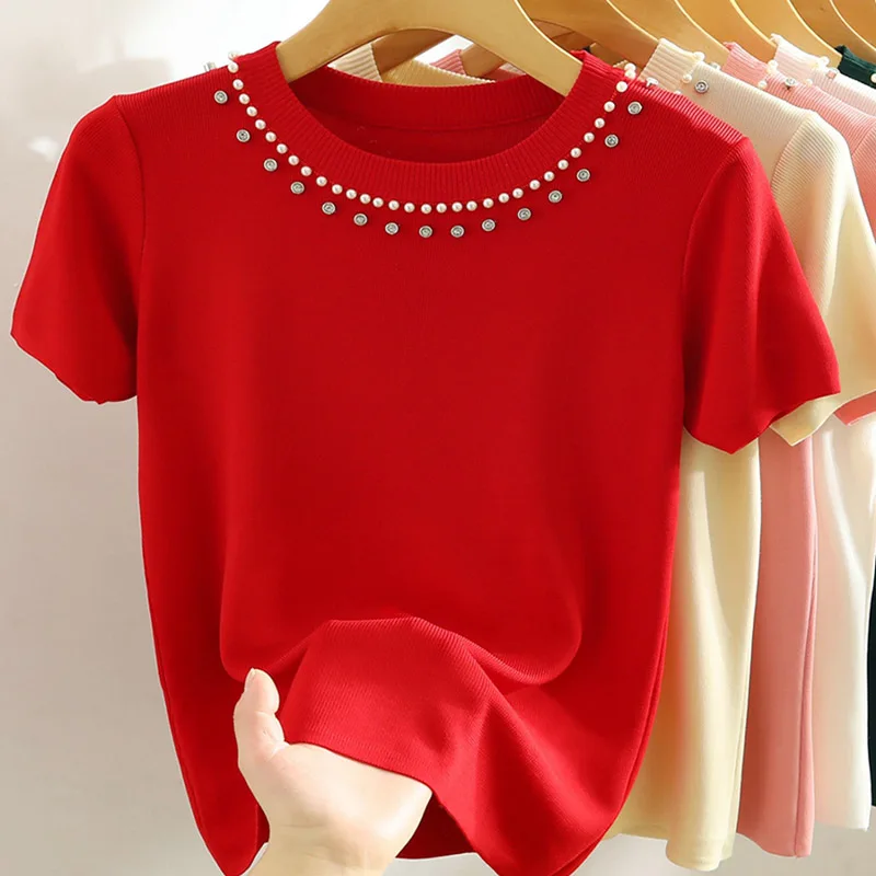 Women Clothing Fashion Casual O-neck Short Sleeve T-shirts Summer Chic Embroidered Flares Solid Versatile Top Tee Lady Pullovers