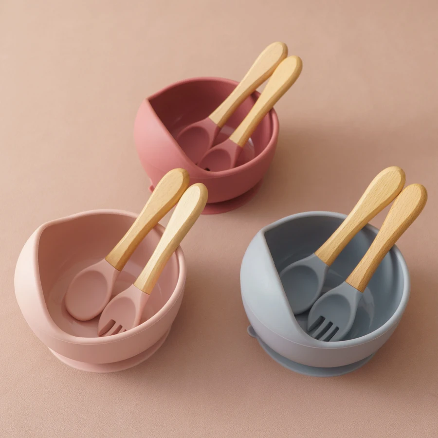 3 Stück Baby Silikon Dinner Set Lebensmittel qualität Geschirr Sets für Kinder Holzgriff Löffel Gabel Fütterung Training Baby Geschirr Baby Zeug