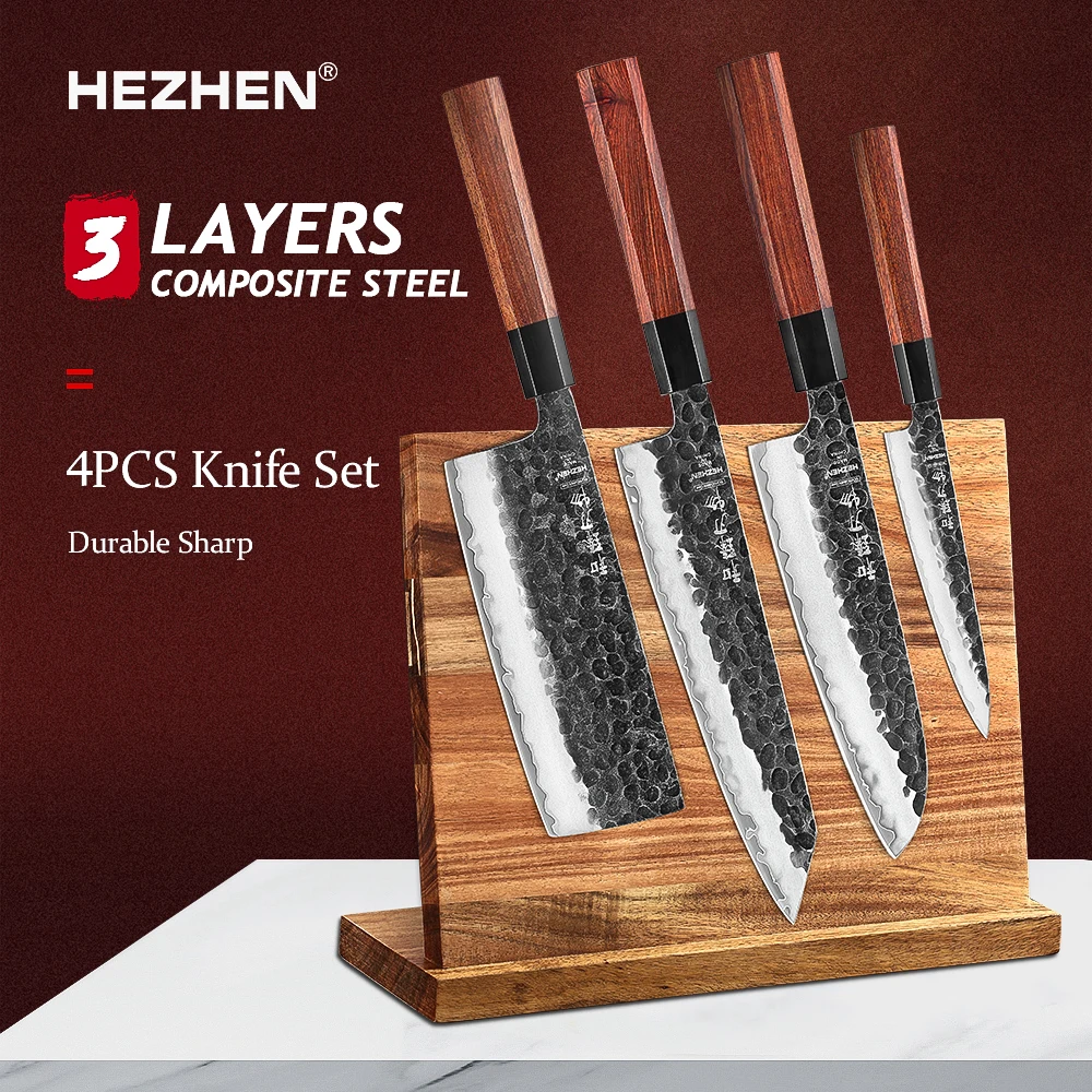 Hezhen 4-5pc Küchenmesser set Chef Utility Edelstahl 3 Schichten Verbunds tahl Santoku Nakiri Küchen zubehör Image