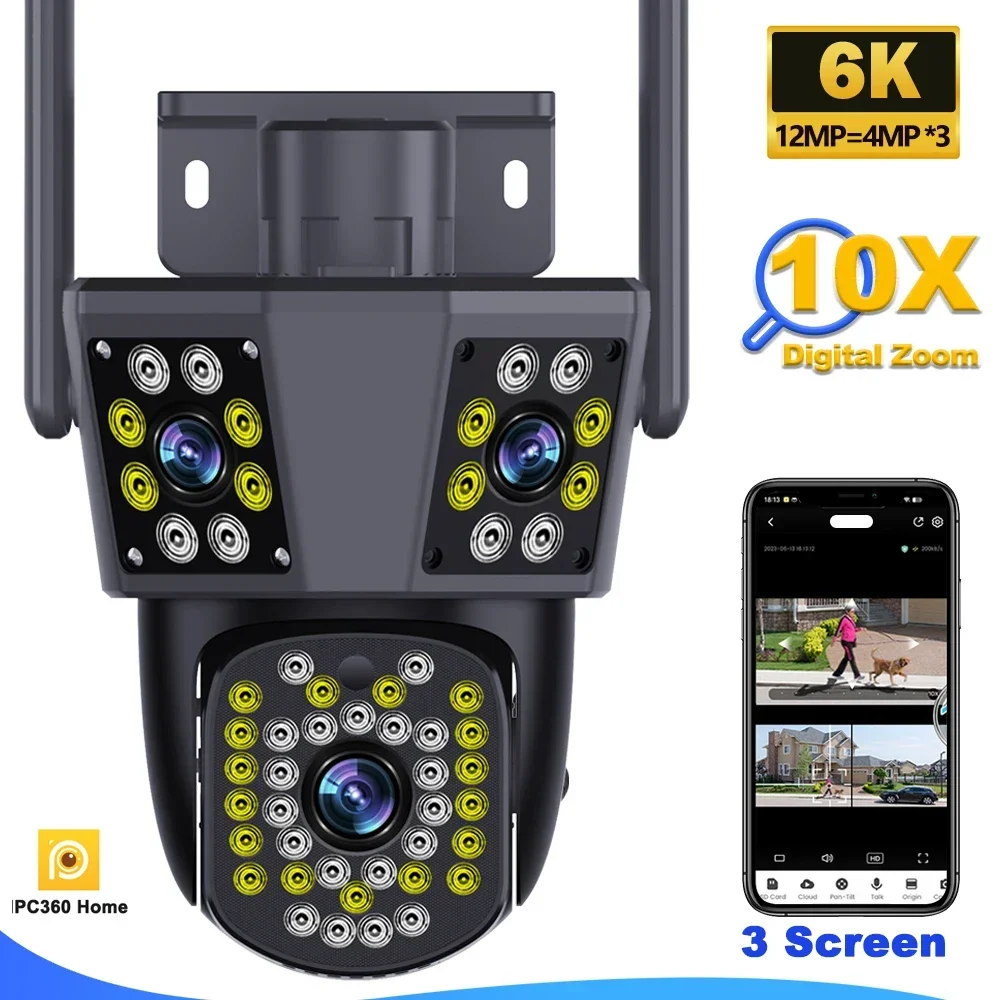 6K 12MP WiFi Kamera Outdoor 10X Zoom Sicherheit CCTV Triple Objektiv Triple Screen Ai Track Mini Video Überwachung kamera IPC360 Hause Image