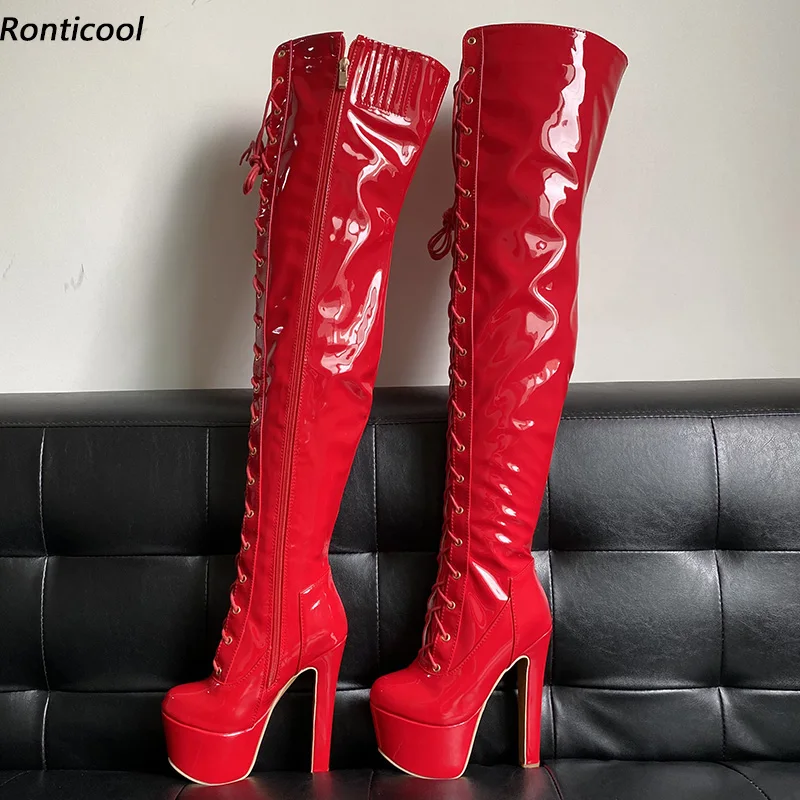 Ronticool Neue Handgemachte Frauen Oberschenkel Stiefel Unisex Stabile High Heels Runde Kappe Ziemlich Rot Schwarz Weiß Nacht Club Schuhe Uns größe 5-16
