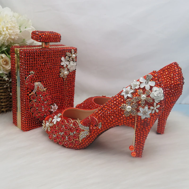 BaoYaFang Offene spitze Orange kristall Pfau Kristall Braut Hochzeit schuhe und tasche set Frauen Mode Hohe ferse plattform schuhe Damen
