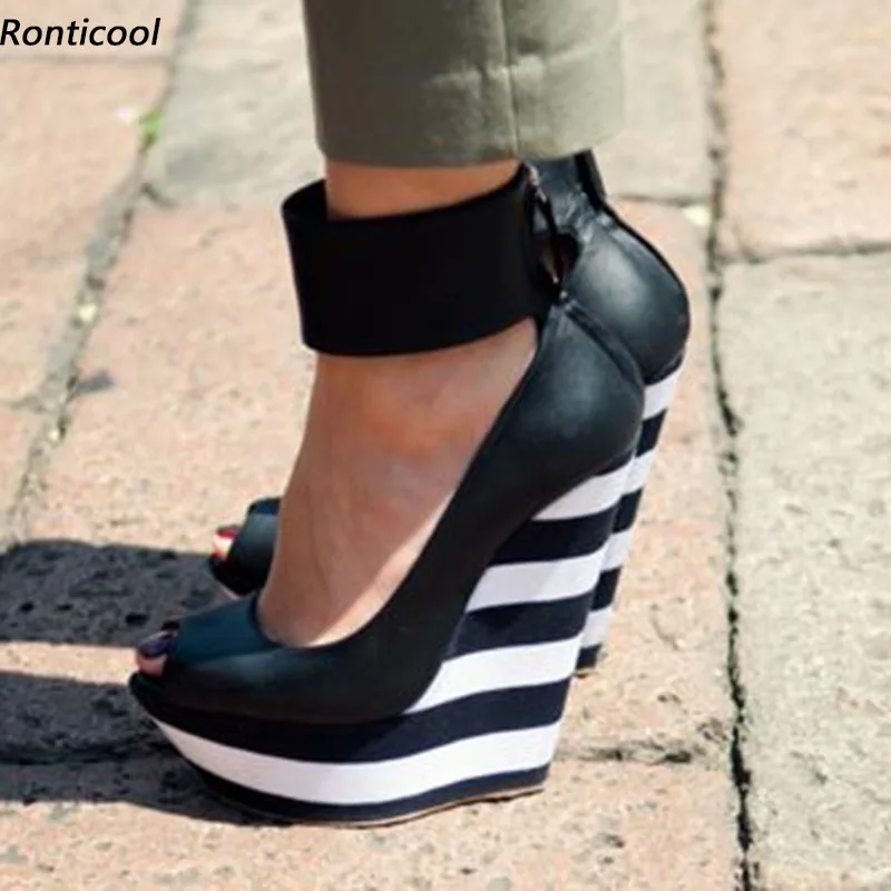 Ronticool Handgemachte Frauen Pumpen Ankle Wrap Keile Heels Peep Toe Schwarz Casual Schuhe Frauen UNS Plus Größe 5-20