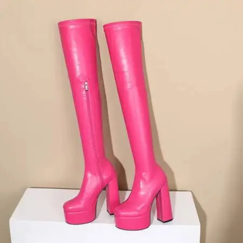 Punk Gothic Chunky Heels Overknee Stiefel Frauen Plattform Reiß verschluss Stretch Oberschenkel Stiefel Ultra High Heels Rose Rot Grün Schuhe 43