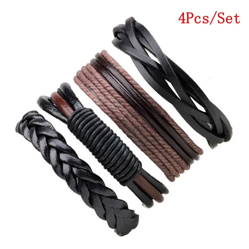 4PCS Vintage Anhänger Reis Perlen Einstellbare Seil Kette Armband Set Für Männer Punk Geflochtene Wrap Armbänder Mode Schmuck geschenke