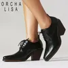 Orcha Lisa Vintage klassische weibliche Pumps klobige Absätze 7cm quadratische Zehen Spitze plus Größe 46 47 48 Mode täglich Büro Damenschuhe