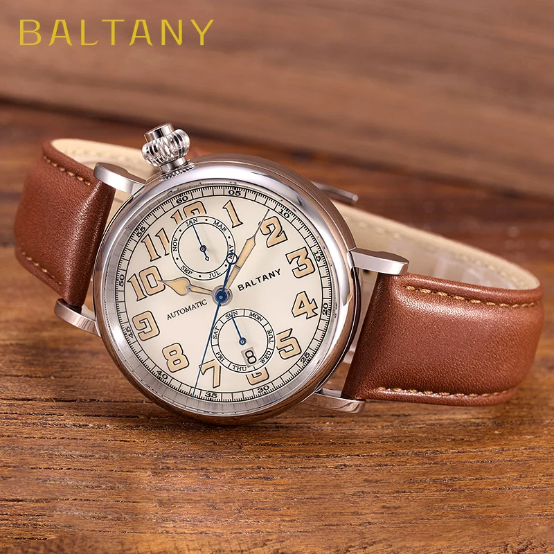 Baltany 41 mm Polit Watch Man S6047 5ATM Komplettkalender Saphirglas Vintage Homage A-7 1935 Avigation 9122 Automatikuhr