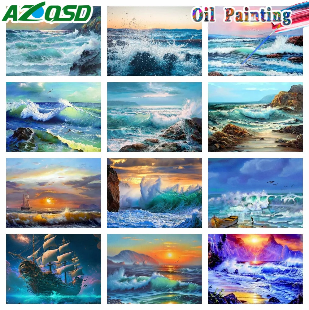 Azqsd Ölgemälde nach Zahlen gesetzt Meer Landschaft gerahmte Kunst Bild Zeichnung auf Leinwand 40x50cm Welle handgemachte Wohnkultur Wand