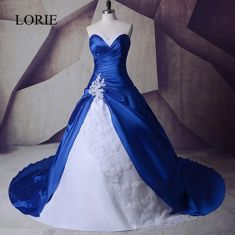 Vintage Royal Blau Und Weiß Hochzeit Kleider Kleider 2020 Schatz Lace Up Vestidos De Noiva Plus Größe Sexy Lange Braut kleider