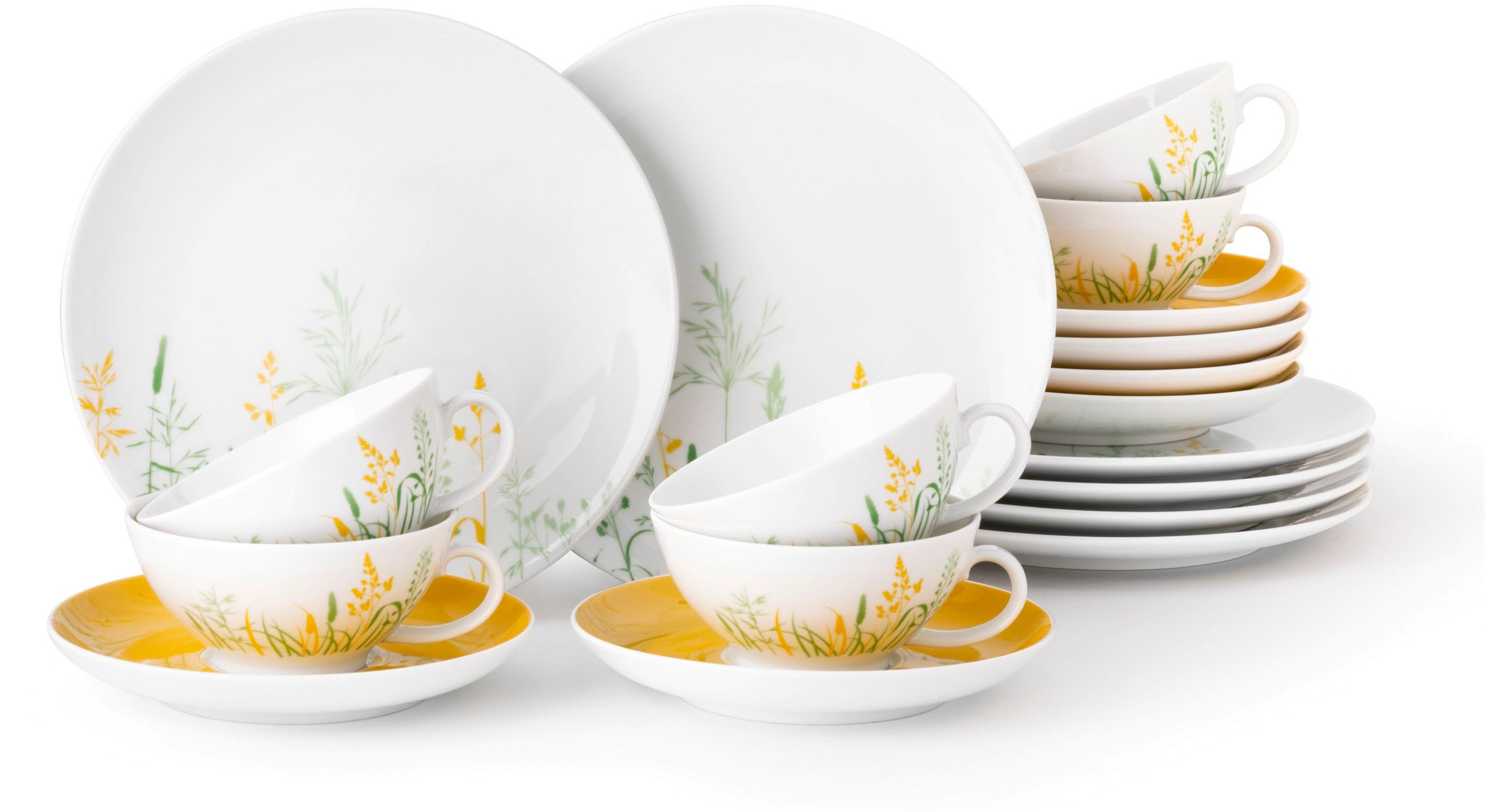 Teeservice SELTMANN WEIDEN "Geschirr-Set, 18 Teile, Liberty Meadow Grasses, klein", weiß (weiß, curry, gelb, grün), 18 Stk., Porzellan, Geschirr-Sets, Tassen, Untertassen, Teller, Made in Germany, 18 Teile, für 6 Personen