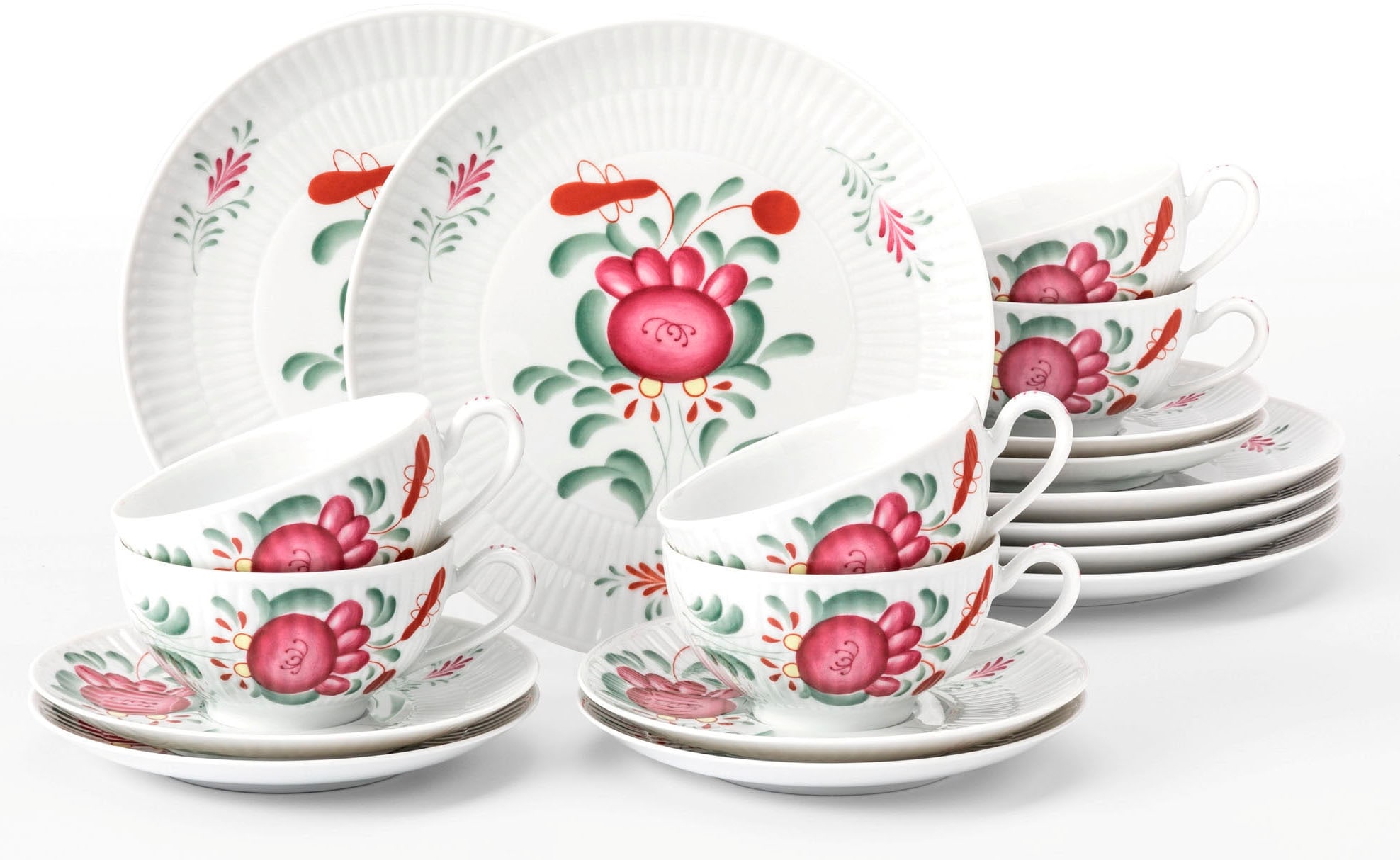 Teeservice SELTMANN WEIDEN "Geschirr-Set, 18 Teile, Amina Ostfiesenrose, groß", bunt (weiß, rot, grün), 18 Stk., Porzellan, Geschirr-Sets, Stäbchenrelief, die Ostfriesenrose, Blütenmotiv