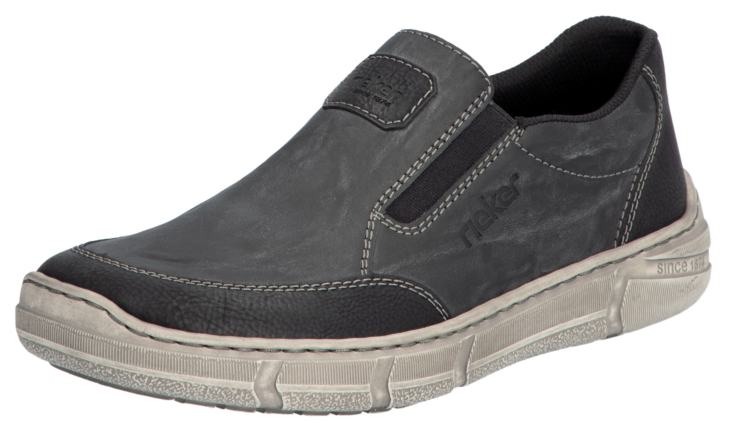 Slipper RIEKER, Herren, Gr. 45, grau (grau, schwarz), Lederimitat, Schuhe Slipper, Slip-on Sneaker, Halbschuh, Schlupfschuh mit beidseitigem Gummizug