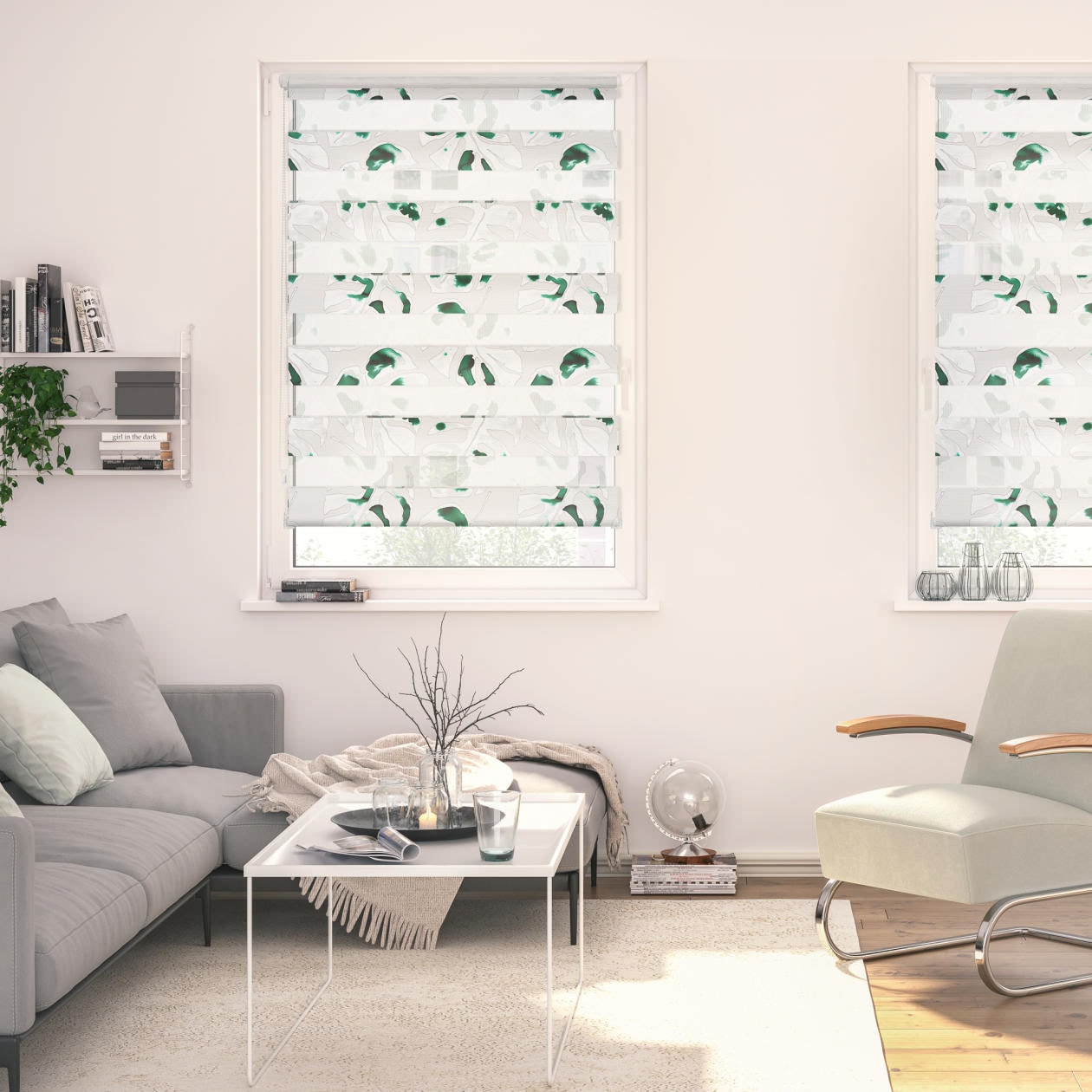 Doppelrollo LICHTBLICK ORIGINAL "Duo Rollo Klemmfix, ohne Bohren, blickdicht, Monstera - Schwarz", grün (grün, weiß), B:60cm H:150cm, Polyester, Rollos Image
