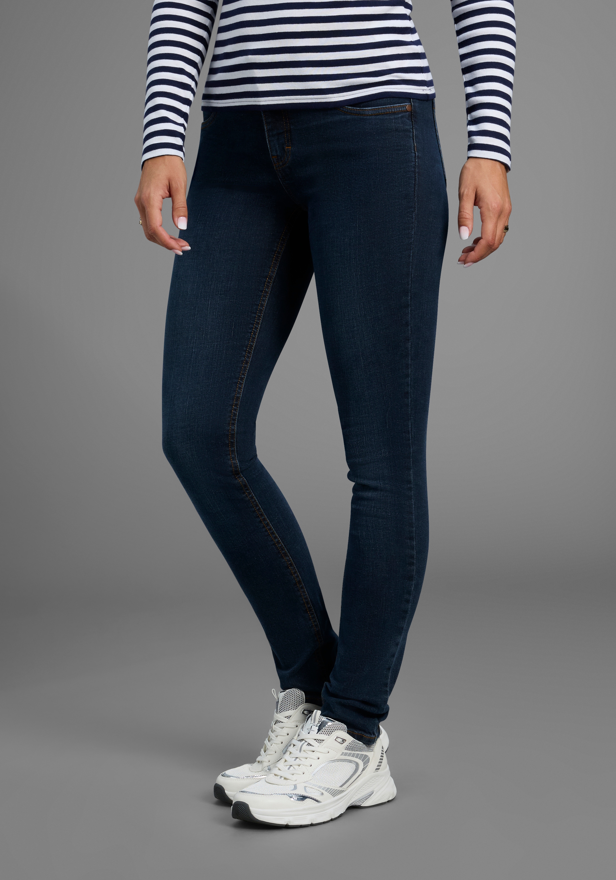 Slim-fit-Jeans ARIZONA "Bund mit seitlichem Gummizugeinsatz", Damen, Gr. 23, K + L Gr, blau (dunkelblau us), Denim/Jeans, Obermaterial: 98% Baumwolle, 2% Elasthan, Basic, slim fit lang, Jeans Slim-fit-Jeans, schmale Passform, Röhrenjeans,...