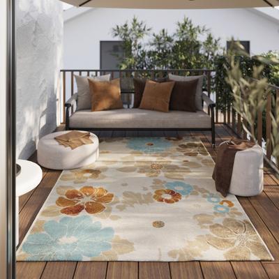 Outdoorteppich WECON HOME "Beach Flower", bunt (beige,hellblau,gelb), B:80cm H:5mm L:230cm, Polypropylen, Teppiche, Läufer, für Innen & Außen, pflegeleicht, Hoch-Tief Effekt Image