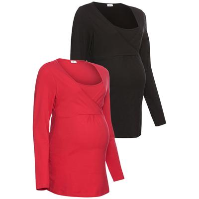 Umstandsshirt NEUN MONATE "2er Pack Shirts für Schwangerschaft und Stillzeit", Damen, Gr. 44/46, schwarz (schwarz, rot), Jersey, Obermaterial: 95% Baumwolle, 5% Elasthan, unifarben, Basic, Basic, V-Ausschnitt, Langarm, Shirts, Langarm,... Image