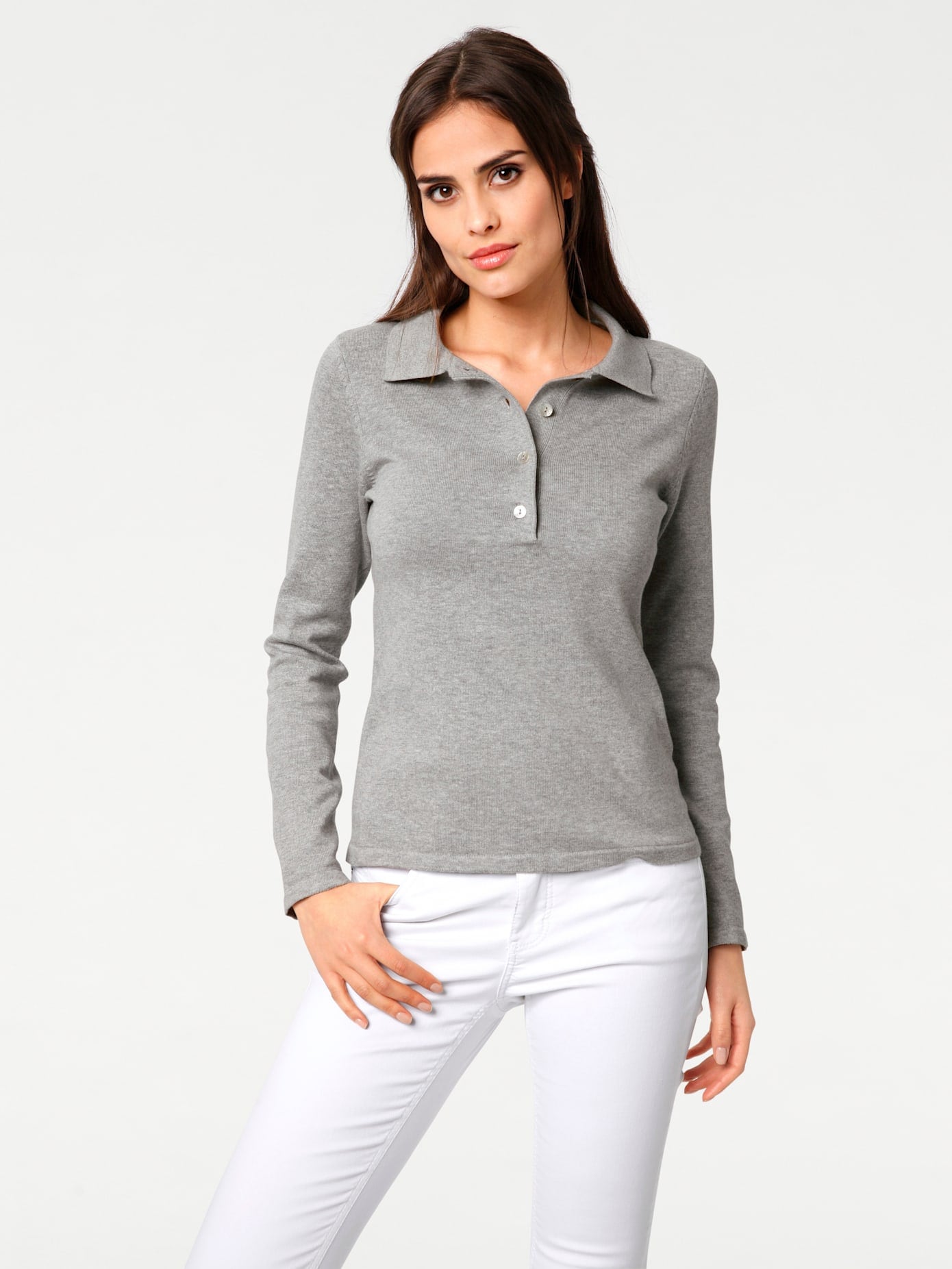 Polokragenpullover "Polopullover", Damen, Gr. 44, grau (grau, melange), 100% Baumwolle, B.C. BEST CONNECTIONS BY HEINE, unifarben, Pullover