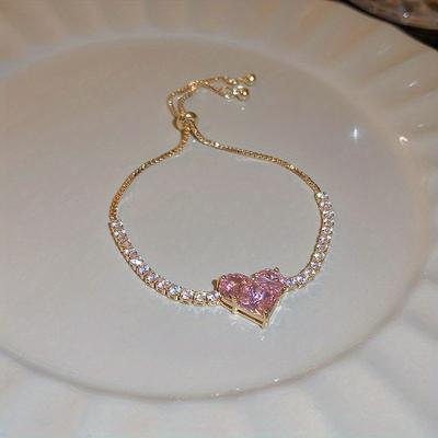 TEMU Elegant Adjustable Love Heart Bracelet With Pink & Clear Cubic Zirconia - Copper, Parties & Gifts, Wear, Heart Jewelry Image
