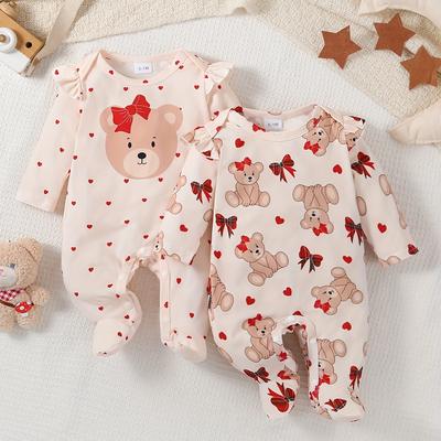 TEMU 2pcs Newborn Baby's Bowknot Bear Print Long Sleeve Footie, Toddler & Infant Girl's Comfy Footed Romper Set For Spring Fall